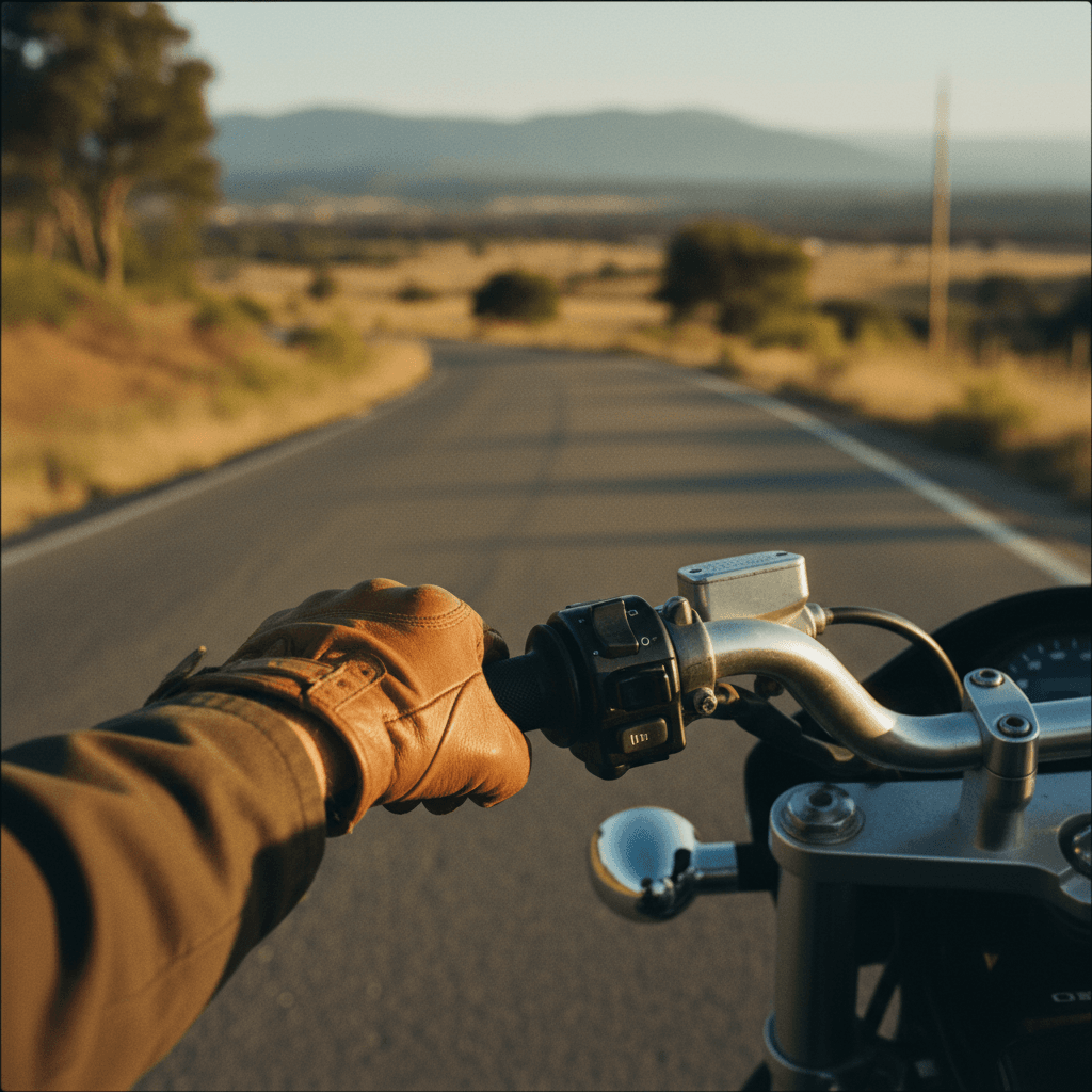 Close-up of rider's hands on motorcycle handlebar