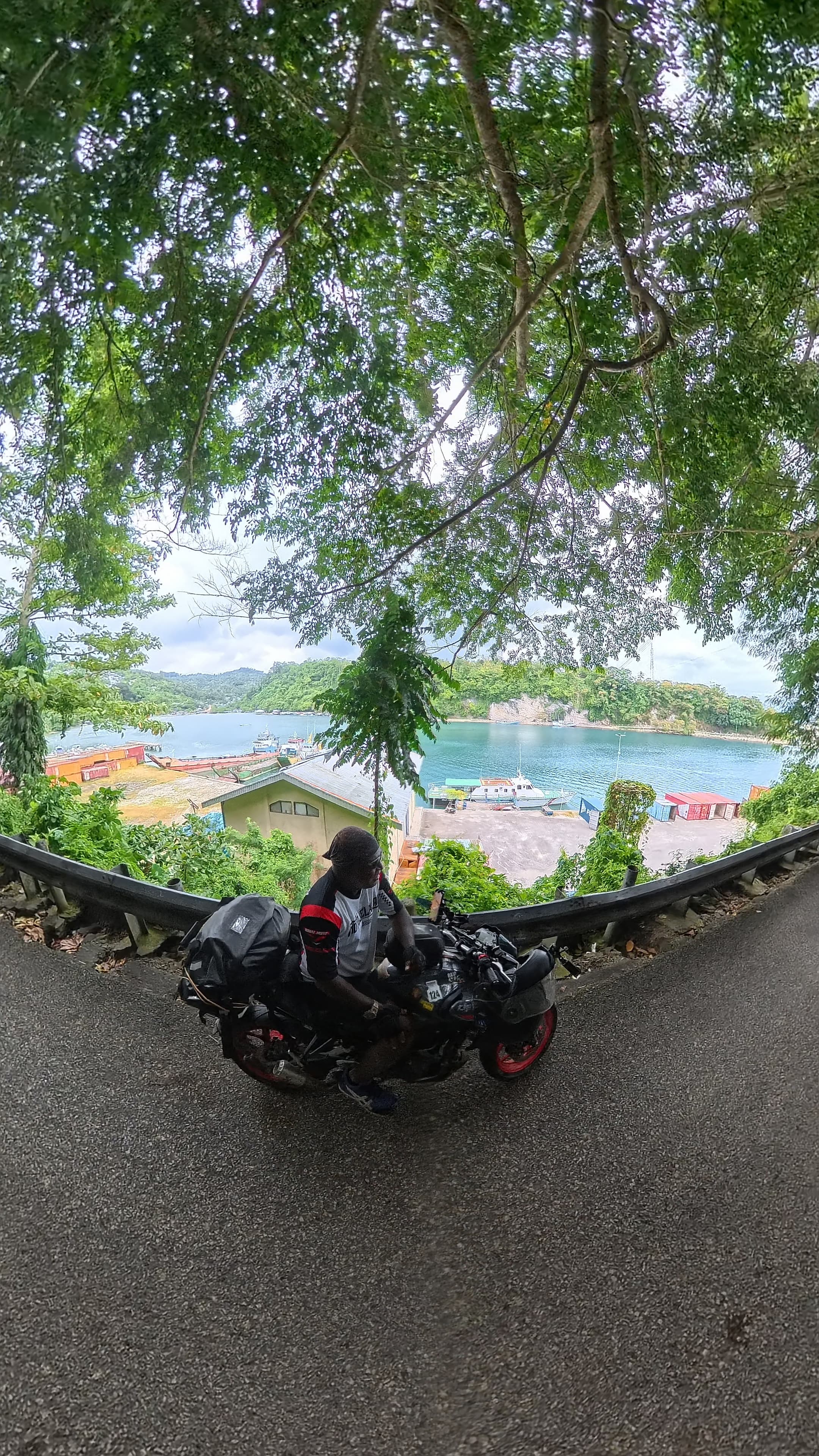 Motorcyclist at a scenic overlook viewing a tropical harbor through a frame of lush trees.